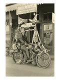 Black and White Photo of Man Dressed as Indian on Motorcycle
