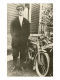 Black and White Photo of Man with Goggle Next to Motorcycle