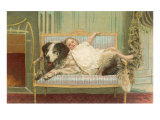 Victorian Girl Lying on St Bernard on Couch