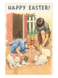 Happy Easter  Children Feeding Rabbits