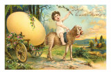 Best Easter Wishes  Girl Riding Sheep  Pulling Egg