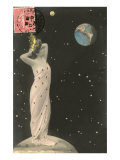 French Woman with Crown on Moon  Watching Earth