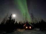 Cabin under Northern Lights and Full Moon  Northwest Territories  Canada March 2007