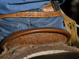 Detail of Back of Cowboy's Saddle  Jeans and Chaps  Sombrero Ranch  Craig  Colorado  USA