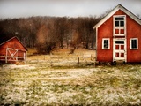Red Farmhouse and Barn in Snowy Field