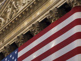 New York Stock Exchange and American Flag  Wall Street  Financial District  New York  USA