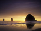 Haystack Rock and Other Sea Stacks Silhouetted at Sunset  Cannon Beach  Oregon  USA