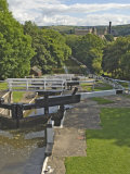 Five Lock Ladder on the Liverpool Leeds Canal  Including a Mill  at Bingley  Yorkshire  England  UK