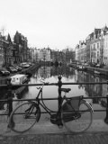 Black and White Image of an Old Bicycle by the Singel Canal  Amsterdam  Netherlands  Europe