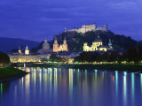 City and Castle at Night from the River  Salzburg  Austria  Europe