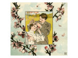 Man puts spring blossom in young woman's hair