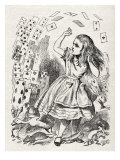 Alice returning from Wonderland  surrounded by cards and animals