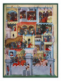 Medieval illumination including scenes featuring the Trojan Horse and the death of Priam