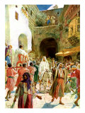 Jesus enters Jerusalem on a white donkey and is praised by the crowds