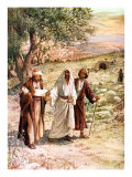 Two disciples walk with the risen Jesus on the road to Emmaus  unaware who he is