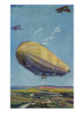 World War I - Zeppelin airship flying with two airplanes over the countryside