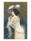 Woman in Lacy White Dress and Feathered Hat