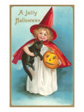 A Jolly Halloween  Little Girl Witch with Cat and Jack O'Lantern
