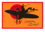 Greetings for Halloween  Cat and Witch in Plane