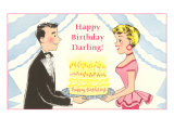 Happy Birthday Darling  Cartoon Couple with Cake
