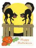 Happy Halloween  Black Cats on Fence