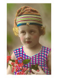 Little Girl in Cap Holding Orchids