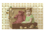 Little Girl in Suitcase with Teddy Bear