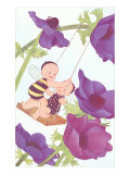 Baby Fairies Swinging in Purple Poppies