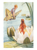 Boy Riding Butterfly and Girl in Water Lily