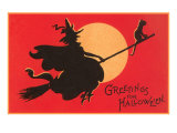 Greetings for Halloween  Witch on Broomstick