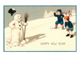 Happy New Year  Children with Snowman