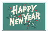 Happy New Year  Holly on Blue-Gray Background