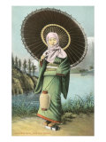 Japanese Woman with Umbrella and Lantern