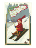 A Happy New Year  Victorian Boy on Sled