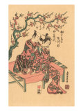 Japanese Woodblock  Man with Flute-Playing Geisha