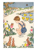 Child with Ducklings  Rabbits and Tulips