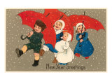 Happy New Year  Children with Red Umbrellas