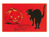 Greetings for Halloween  Black Cat and Jack O'Lantern