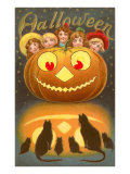 Halloween  Children behind Jack O'Lantern