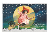 May Fortune Smile on You  Halloween  Girl on Broomstick