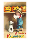 A Happy Halloween  Dog and Boy with Jack O'Lanterns