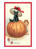 Baby with Black Kitten on Pumpkin