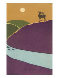 Japanese Deer  Sika on Hill with Moon