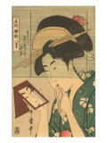 Japanese Woodblock  Geisha Looking in Mirror