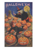Boy Fleeing Witch and Leering Pumpkins