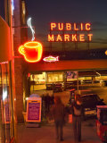 Night lights of Pike Place Market in Seattle  Washington  USA