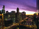 Skyline and River Looking West at Sunset  Chicago  Illinois  USA