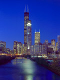 Skyline at night with Chicago River and Sears Tower  Chicago  Illinois  USA