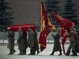 Symbolic Parade in Red Square with Flags and Red-Draped Coffin