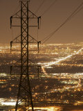 Denver Skyline Lights Up the Night  Framed by Power Lines